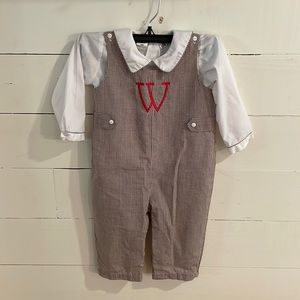 Royal Kidz Brown Gingham Monogrammed “W” Jon Jon with Peter Pan Shirt, 18m